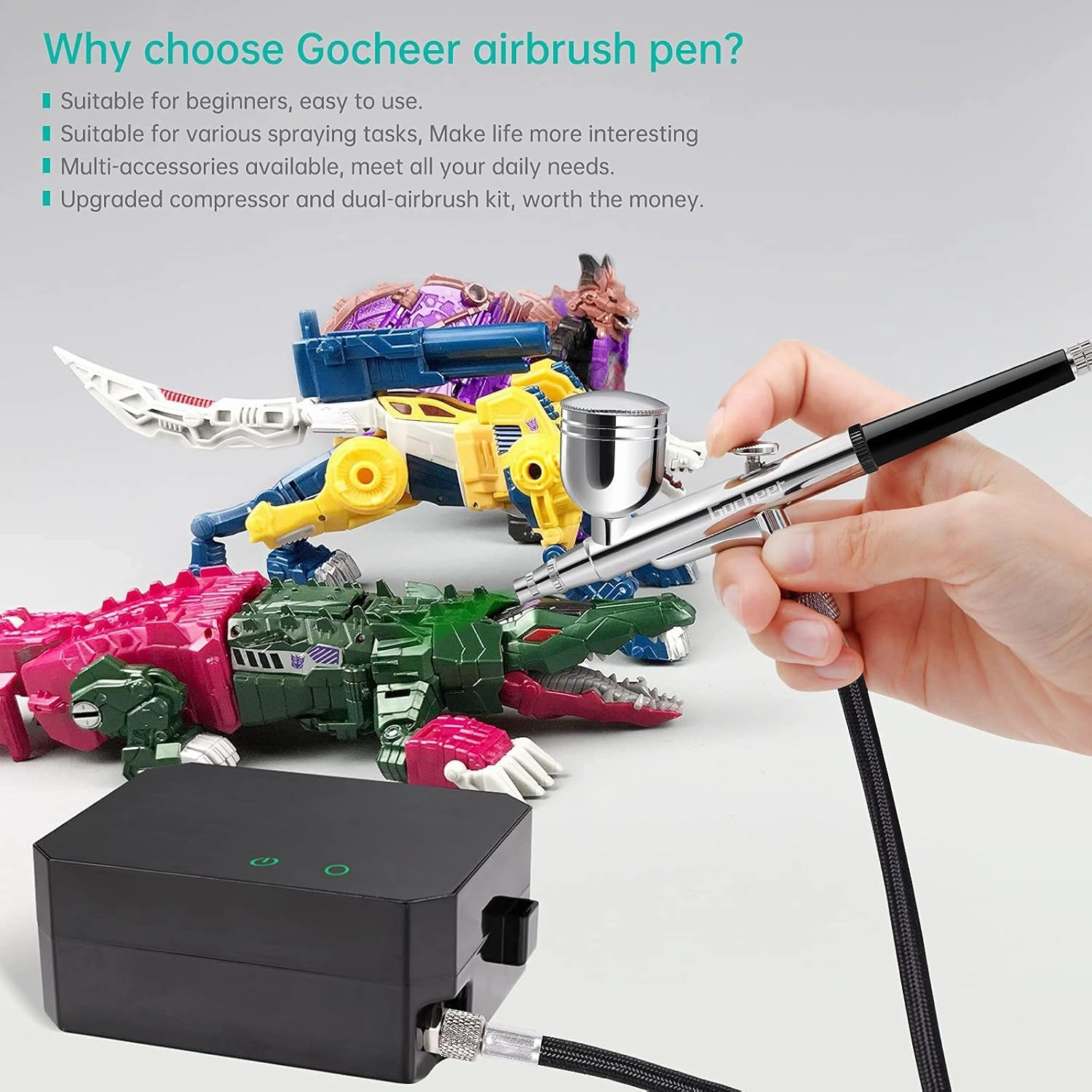 Gocheer Airbrush Kit with Air Compressor, 40 48 PSI High Pressure Air Brush Non-Clogging with 0.2/0.3/0.5mm Nozzle/Cleaning Sets, Ideal for Painting, Modeling, Cake Decor, Makeup (Black, 40 PSI)