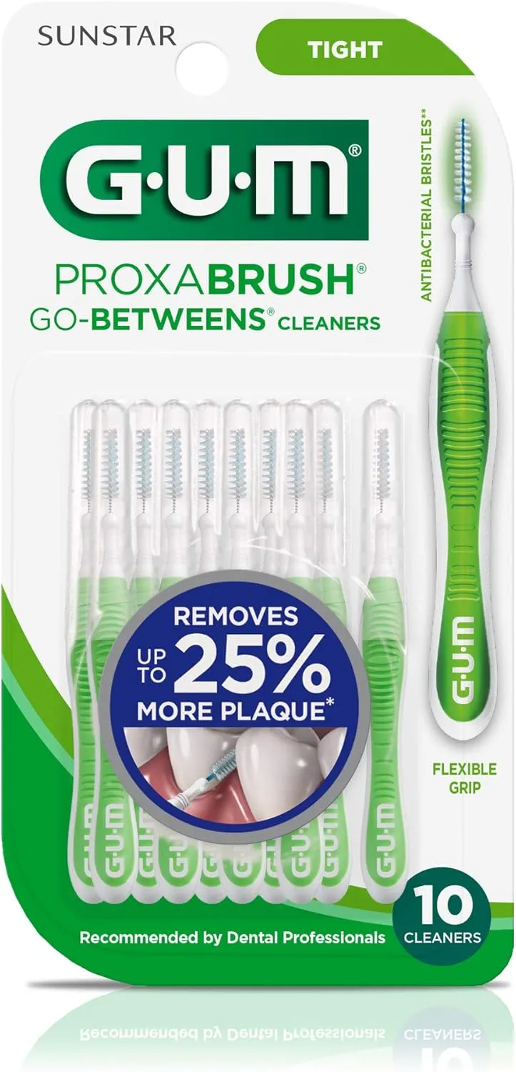GUM Proxabrush Go-Betweens - Tight - Interdental Brushes - Soft Bristled Dental Picks for Plaque Removal Health - Safe for Braces & Dental Devices, 10ct (6pk)