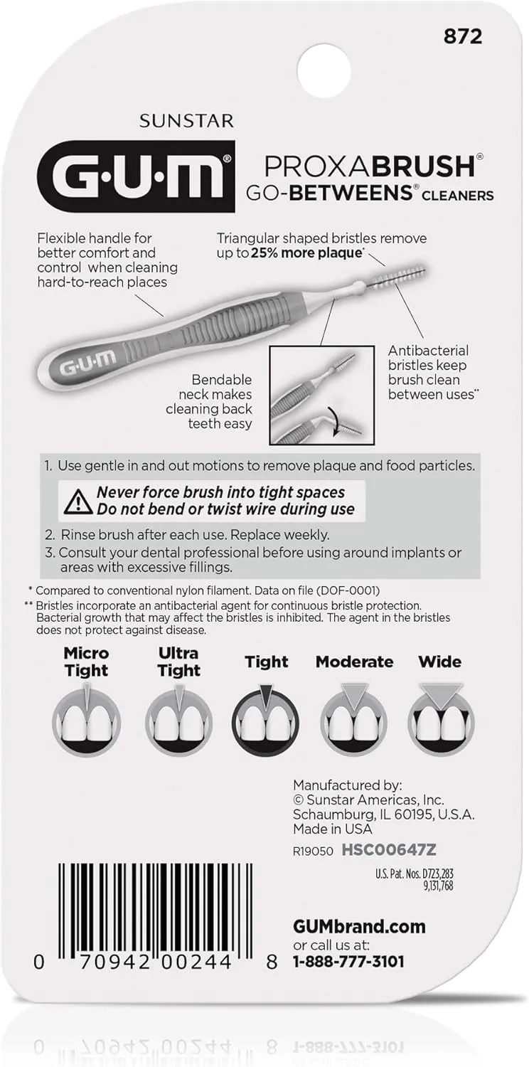 GUM Proxabrush Go-Betweens - Tight - Interdental Brushes - Soft Bristled Dental Picks for Plaque Removal Health - Safe for Braces & Dental Devices, 10ct (6pk)