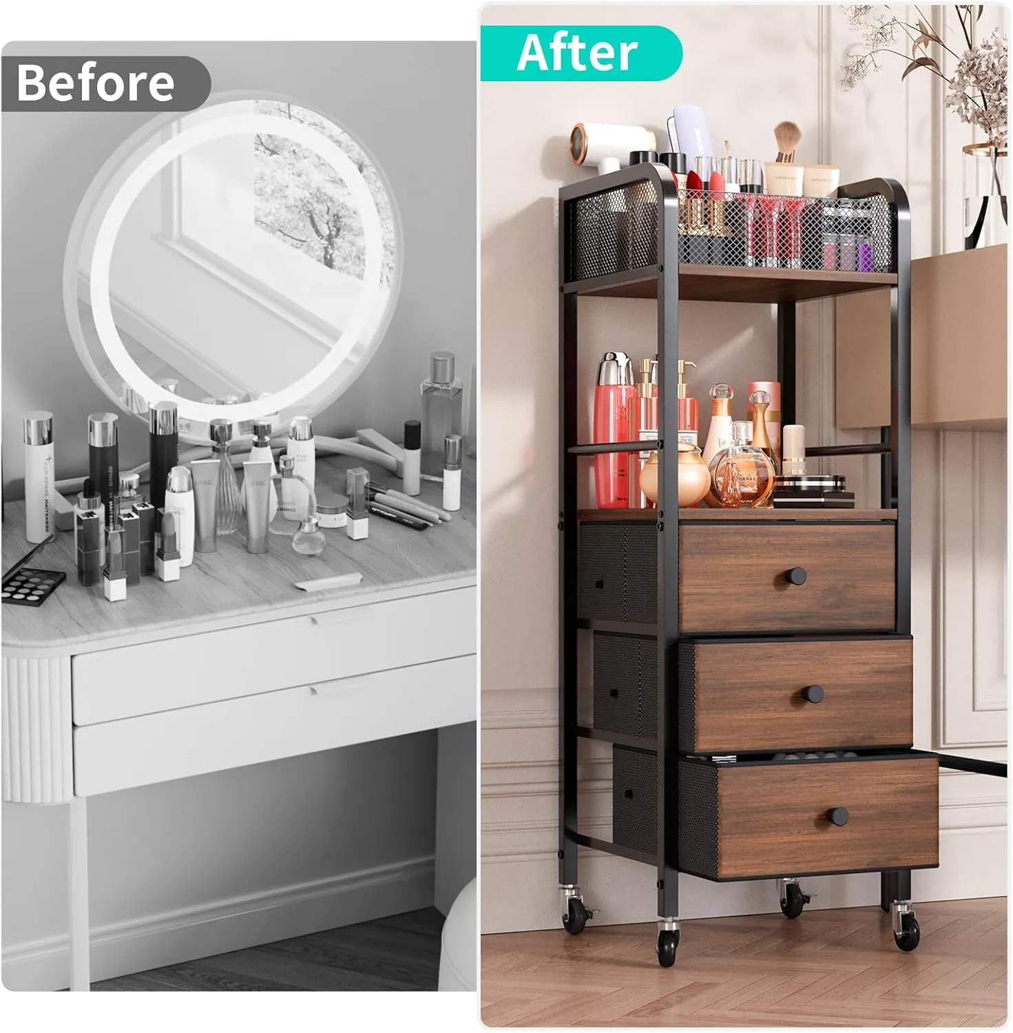 HapiRm Rolling Makeup Cart Organizer - Floor Skincare Make Up Storage with 3 Drawers, Vanity Organizer Cosmetic Display Cases Holder for Skin Care Perfume Nail Polish Brush Hair Tool