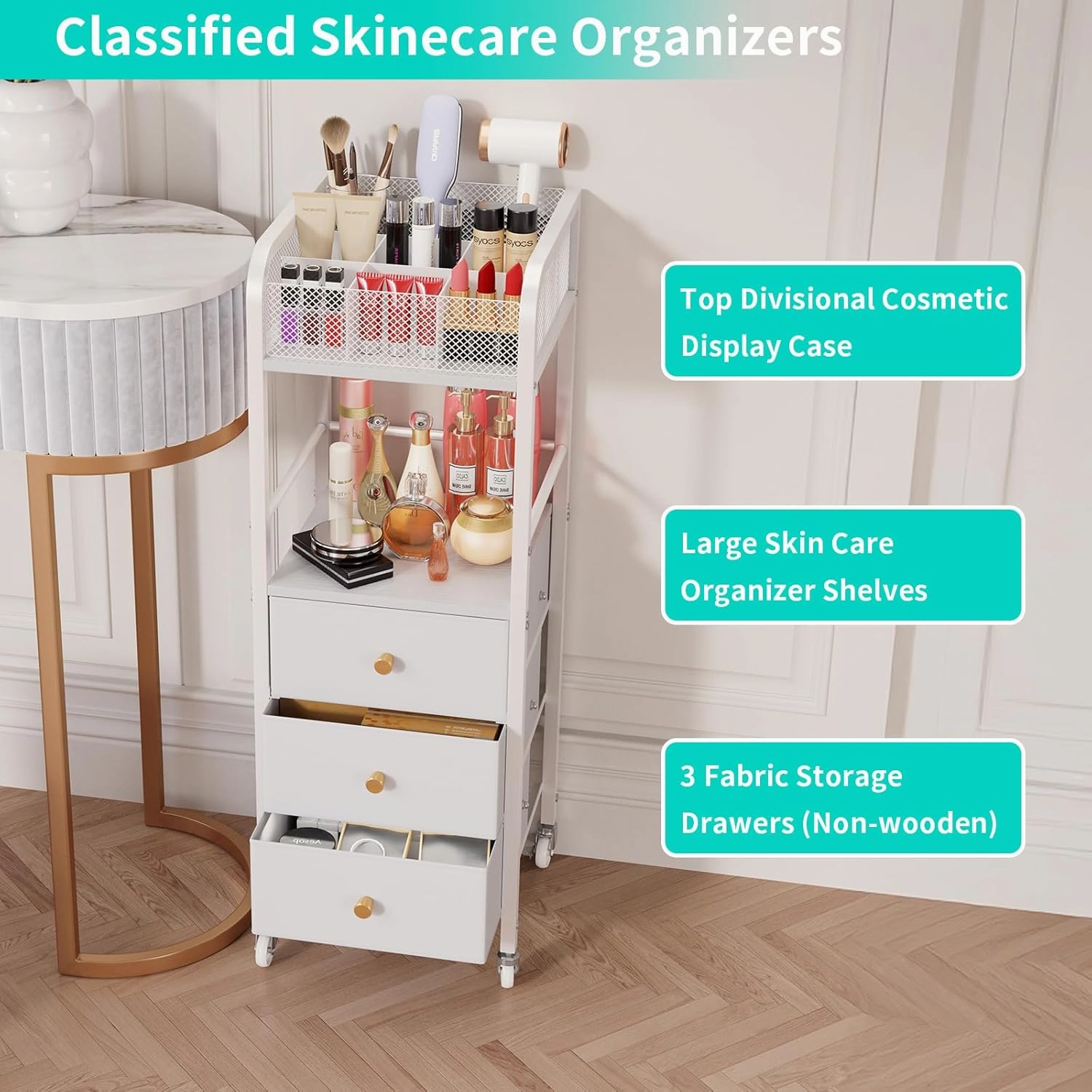 HapiRm Rolling Makeup Cart Organizer - Floor Skincare Make Up Storage with 3 Drawers, Vanity Organizer Cosmetic Display Cases Holder for Skin Care Perfume Nail Polish Brush Hair Tool, White