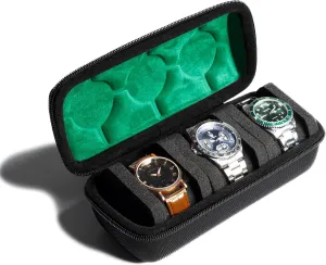Hard Watch Travel Case,3 slots Watch Roll Case Storage and Organizer for Men and Women, with anti-move watch pillow (Black 3slot with green lining)