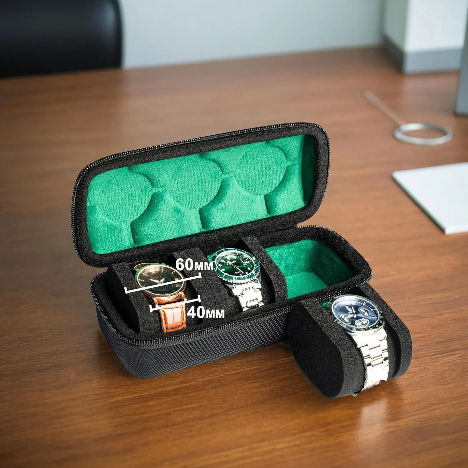Hard Watch Travel Case,3 slots Watch Roll Case Storage and Organizer for Men and Women, with anti-move watch pillow (Black 3slot with green lining)