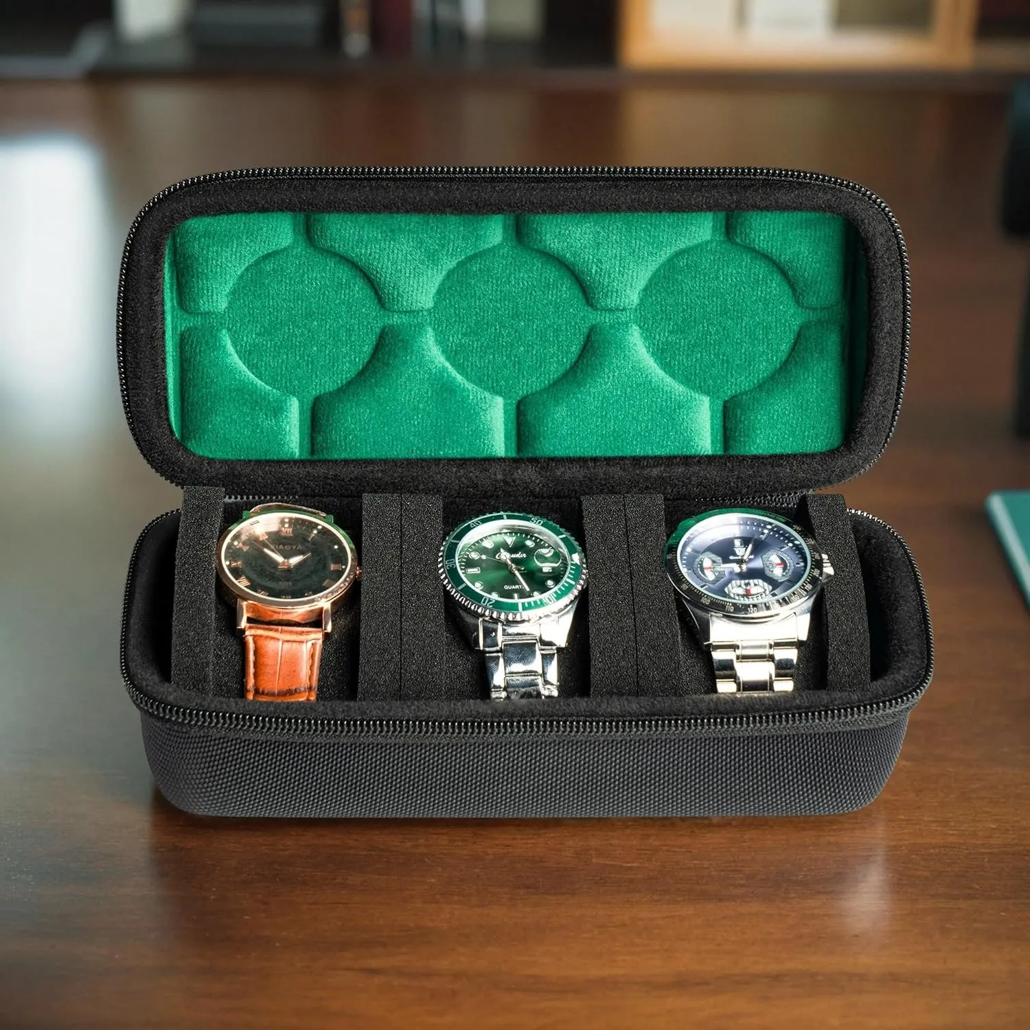 Hard Watch Travel Case,3 slots Watch Roll Case Storage and Organizer for Men and Women, with anti-move watch pillow (Black 3slot with green lining)