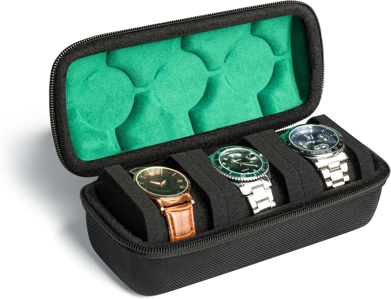 Hard Watch Travel Case,3 slots Watch Roll Case Storage and Organizer for Men and Women, with anti-move watch pillow (Black 3slot with green lining)