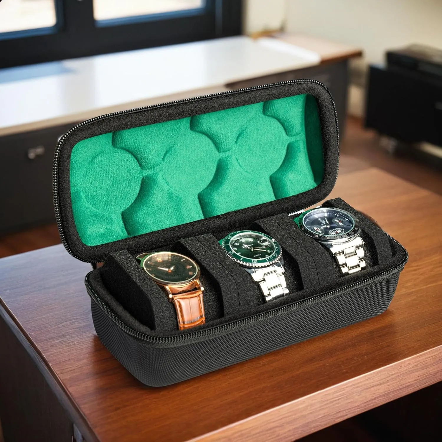 Hard Watch Travel Case,3 slots Watch Roll Case Storage and Organizer for Men and Women, with anti-move watch pillow (Black 3slot with green lining)