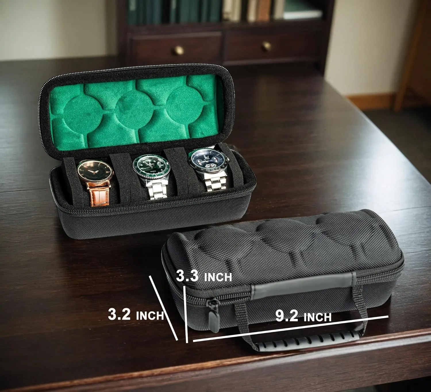 Hard Watch Travel Case,3 slots Watch Roll Case Storage and Organizer for Men and Women, with anti-move watch pillow (Black 3slot with green lining)
