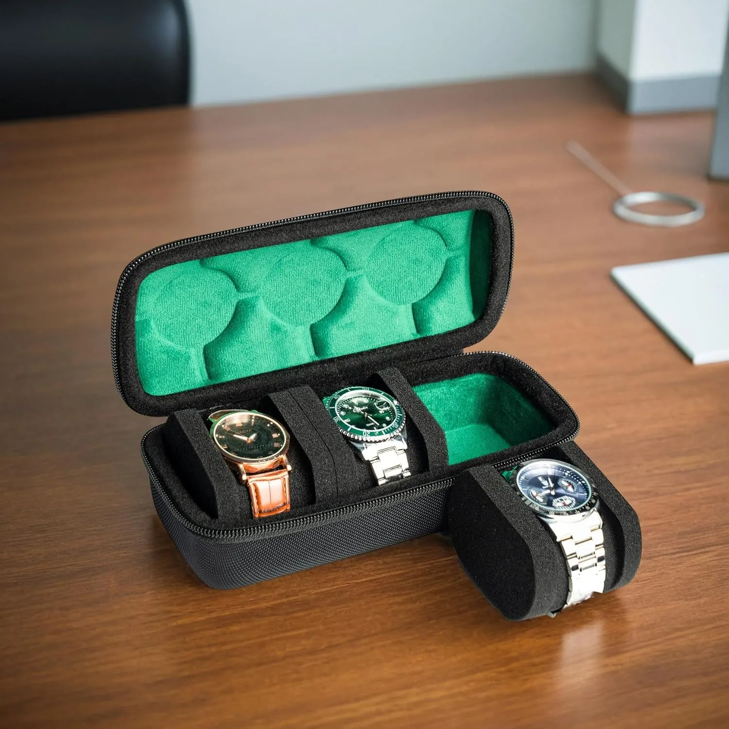 Hard Watch Travel Case,3 slots Watch Roll Case Storage and Organizer for Men and Women, with anti-move watch pillow (Black 3slot with green lining)