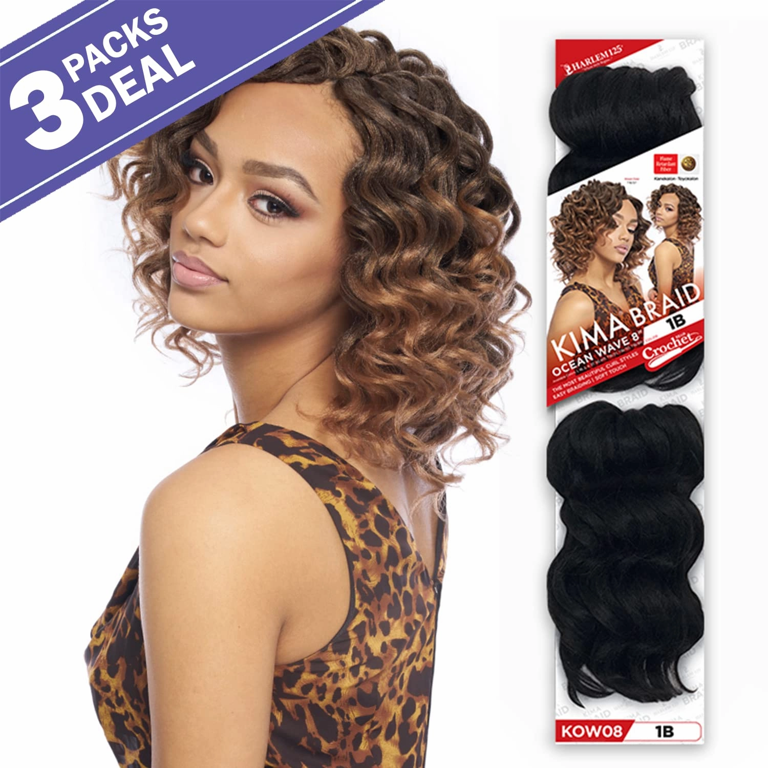 Harlem 125 Synthetic Hair Braids Kima Braid Ocean Wave 8inch (3-pack, 1)