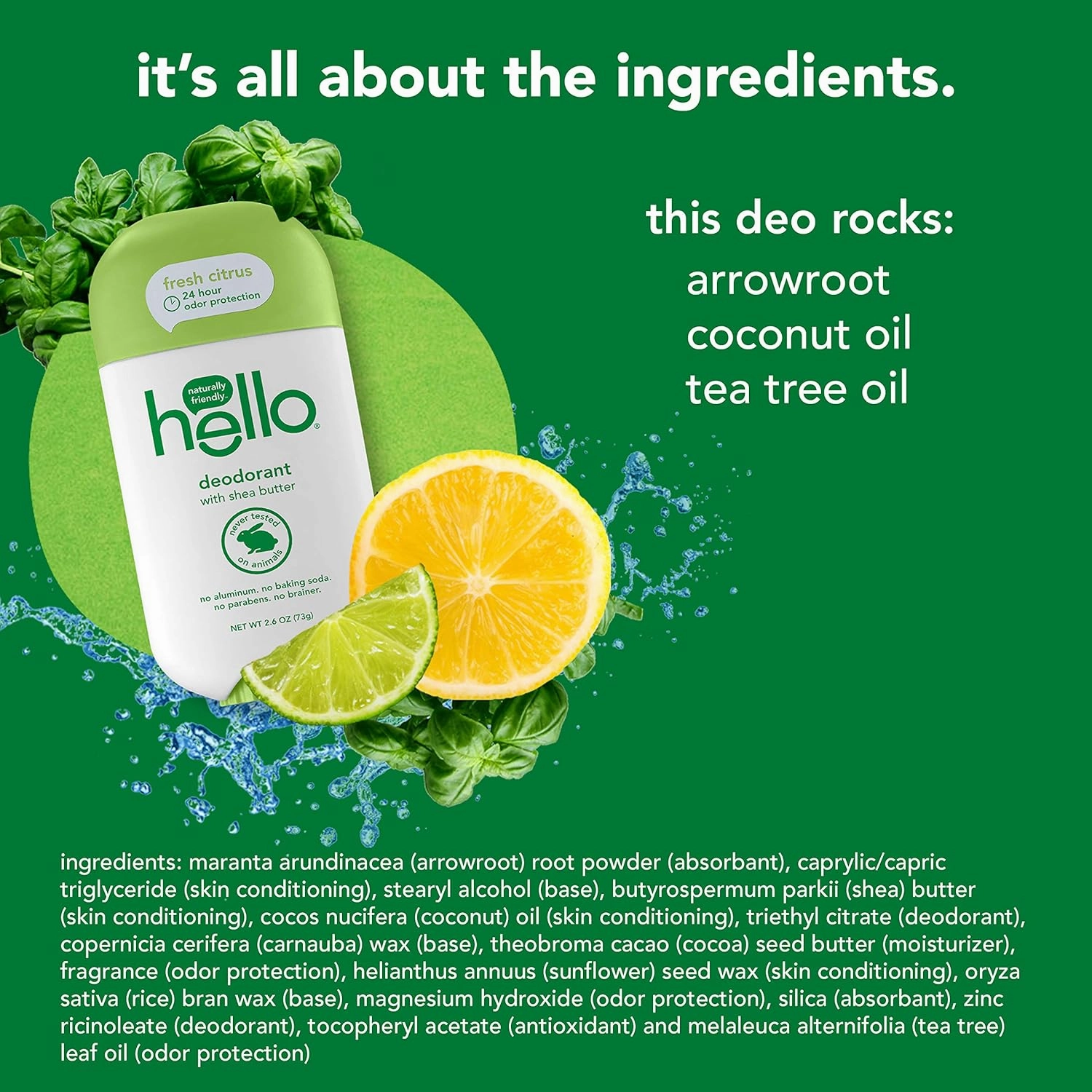 hello Shea Butter Fresh Citrus Deodorant for Women and Men, Aluminum Free, Baking Soda Free, Parabens Free, 24 Hour Protection, 2.6 Ounce (Pack of 3)