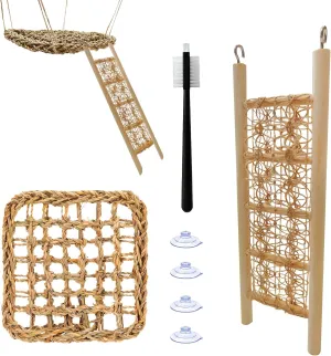 Hermit Crab Climbing Toys Set - Seagrass Hammock and Reptile Climbing Ladder with Small Brush, Hermit Crab Accessories for Tank and Aquarium Decoration