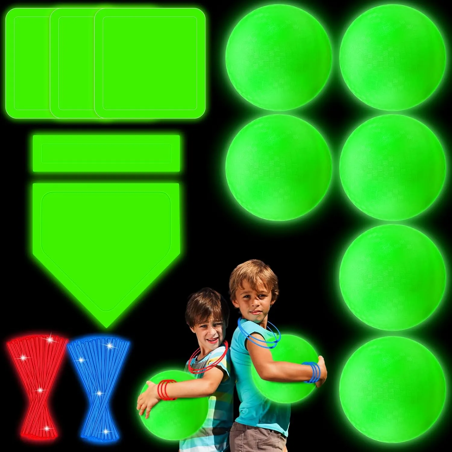 Hiboom Glow in The Dark Kickball Set Includes 10 Inch Dodgeball Playground Ball 5 Rubber Bases 100 Glow Sticks for Adults Playground School Backyard Game Outdoor Indoor Games(9 Pcs), Green