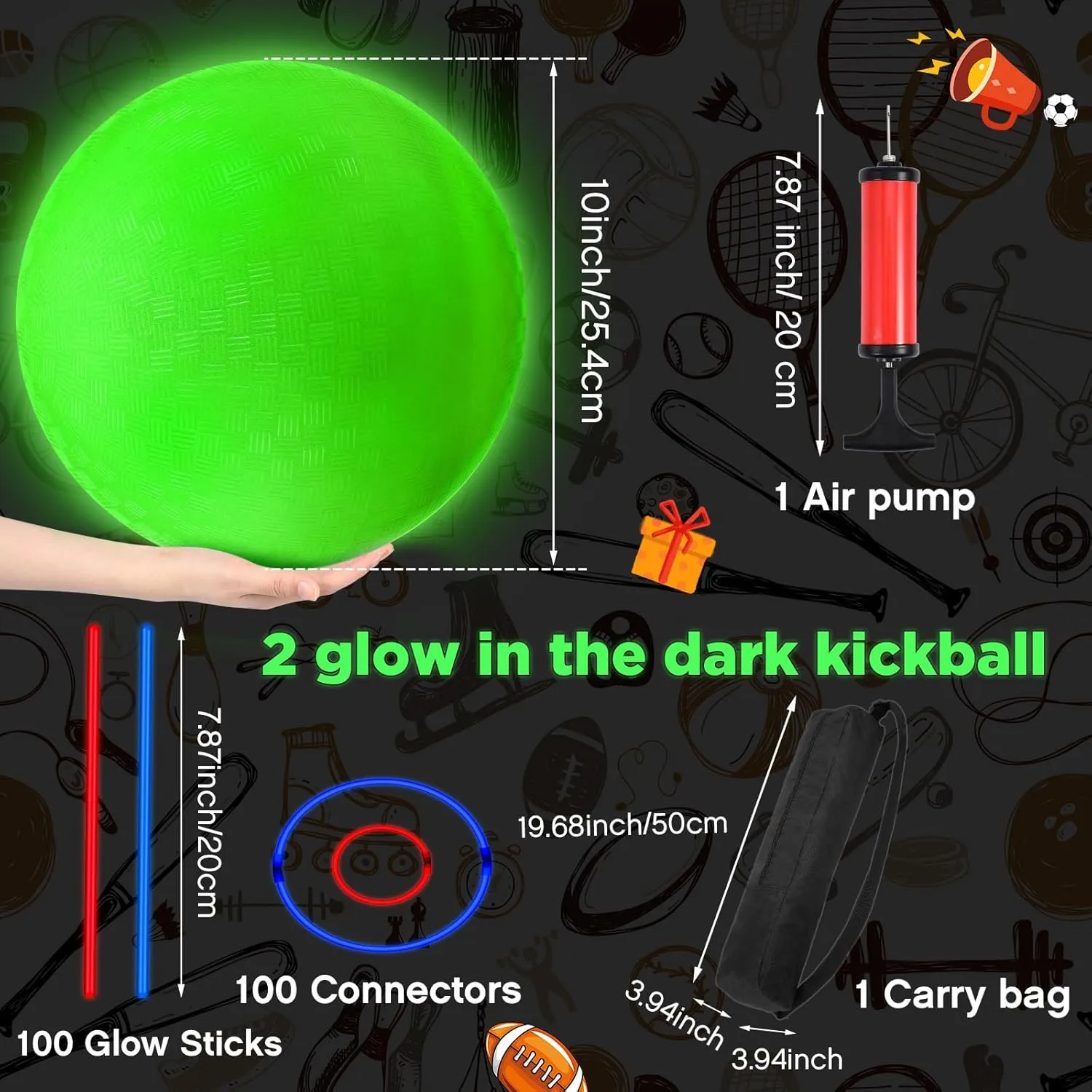Hiboom Glow in The Dark Kickball Set Includes 10 Inch Dodgeball Playground Ball 5 Rubber Bases 100 Glow Sticks for Adults Playground School Backyard Game Outdoor Indoor Games(9 Pcs), Green