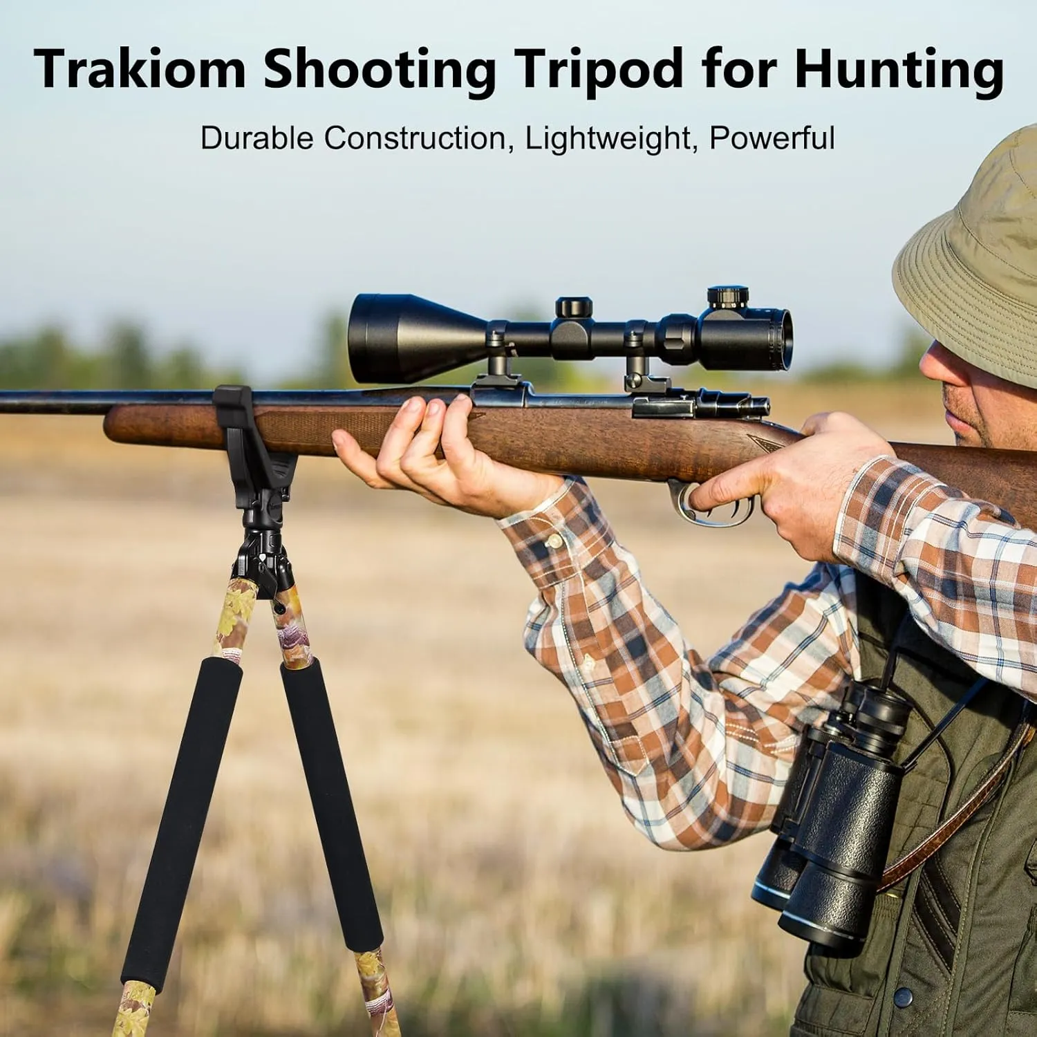 Hunting Bipod, Shooting Tripod, Adjustable Shooting Bipod with 360° V Yoke Rest, Twist Lock, Lightweight Aluminum Frame, High Density Foam Handle and Spike Feet