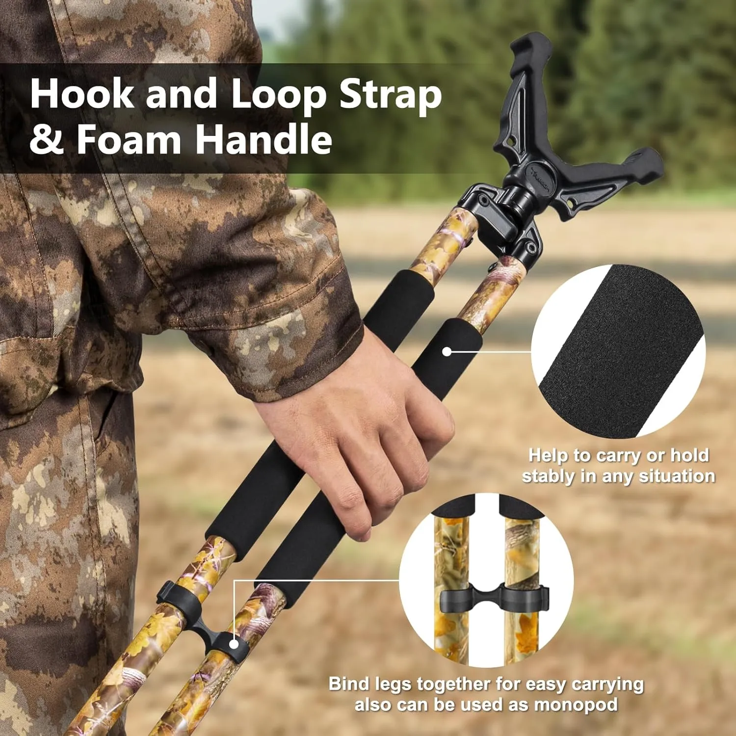 Hunting Bipod, Shooting Tripod, Adjustable Shooting Bipod with 360° V Yoke Rest, Twist Lock, Lightweight Aluminum Frame, High Density Foam Handle and Spike Feet
