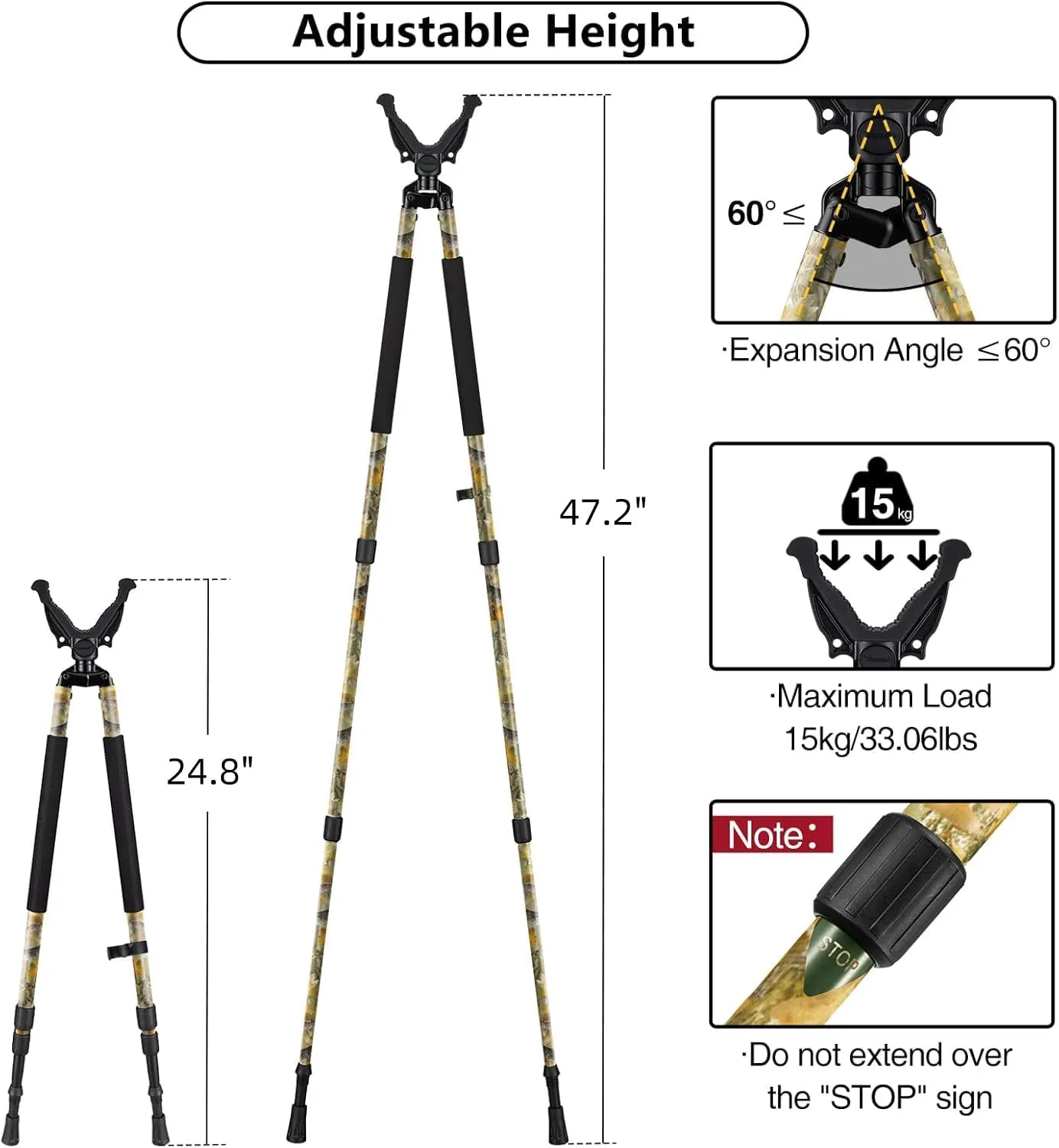 Hunting Bipod, Shooting Tripod, Adjustable Shooting Bipod with 360° V Yoke Rest, Twist Lock, Lightweight Aluminum Frame, High Density Foam Handle and Spike Feet