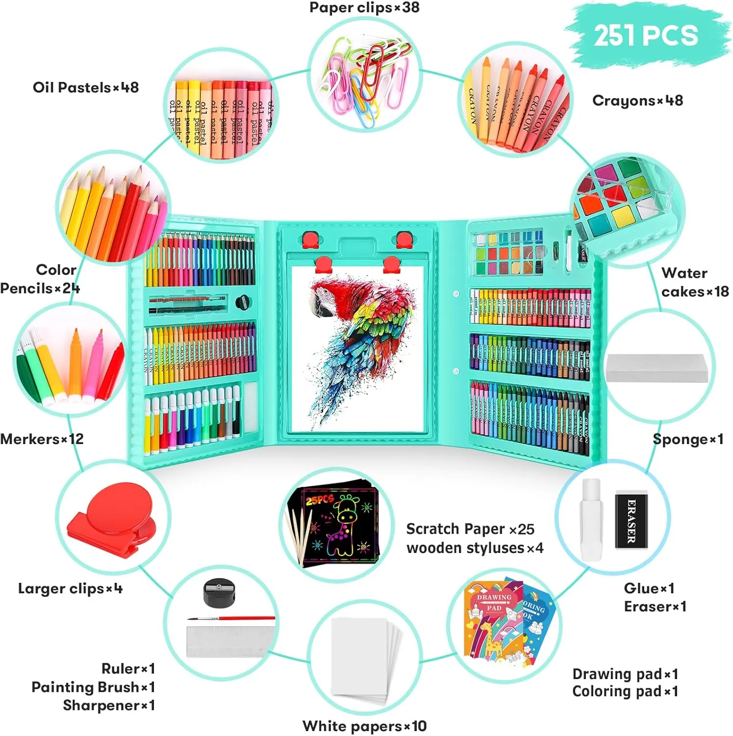 iBayam Art Kit, 251-Pack Art Supplies Drawing Kits, Arts and Crafts Gifts Box for Kids Teen Girls Boys, Art Set Case with Trifold Easel, Scratch Paper, Sketch Pad, Coloring Book, Crayons, Pencils