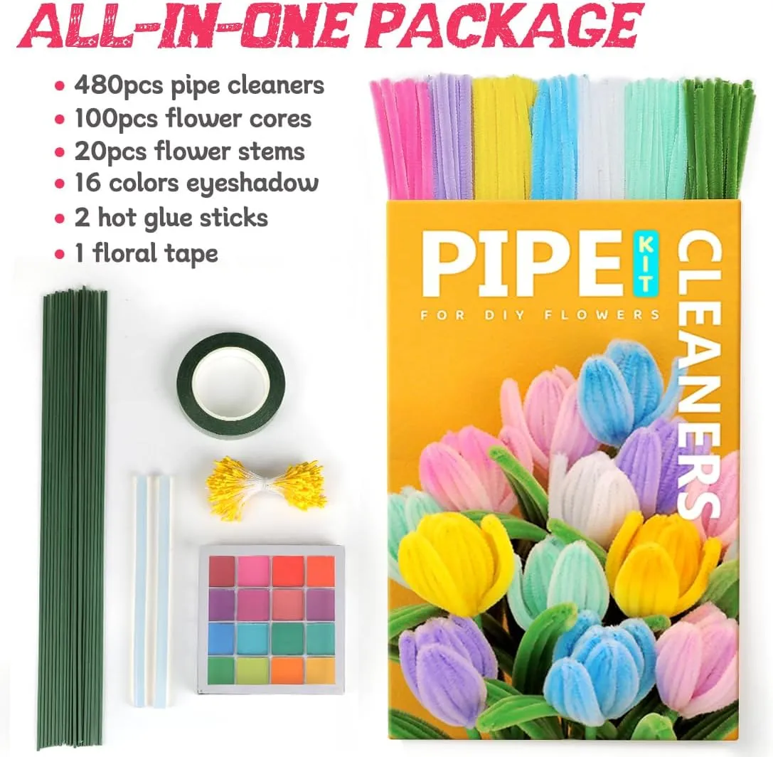 IOOLEEM Pipe Cleaners, 480pcs Multi-Colored, Flower Making Kit, Arts and Craft Supplies, Pipe Cleaners Kit, Pipe Cleaners for Flowers, Craft Supplies Kit, Ideas for Art Project Activity.