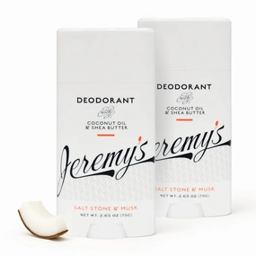Jeremy's Razors Men's Natural Deodorant - Aluminum Free, Paraben Free, Baking Soda Free Body Deodorant Stick, With Coconut Oil & Shea Butter, Salt Stone & Musk Scent (Made in USA, 2.65 Oz, 2 Pack)
