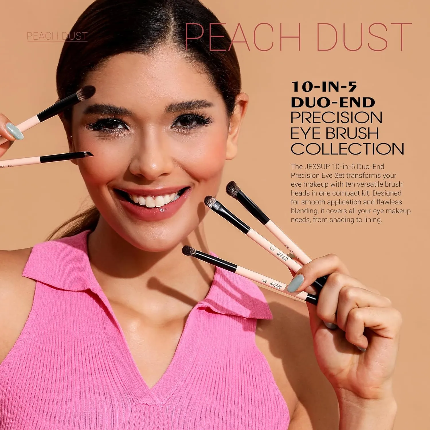 Jessup Makeup Brushes 5pcs Double Ended Eyeshadow Brush Contour Blending Eyeliner Eye Shader Brush, Vegan Fiber Precision Eye Brush Set Peach Dust T509