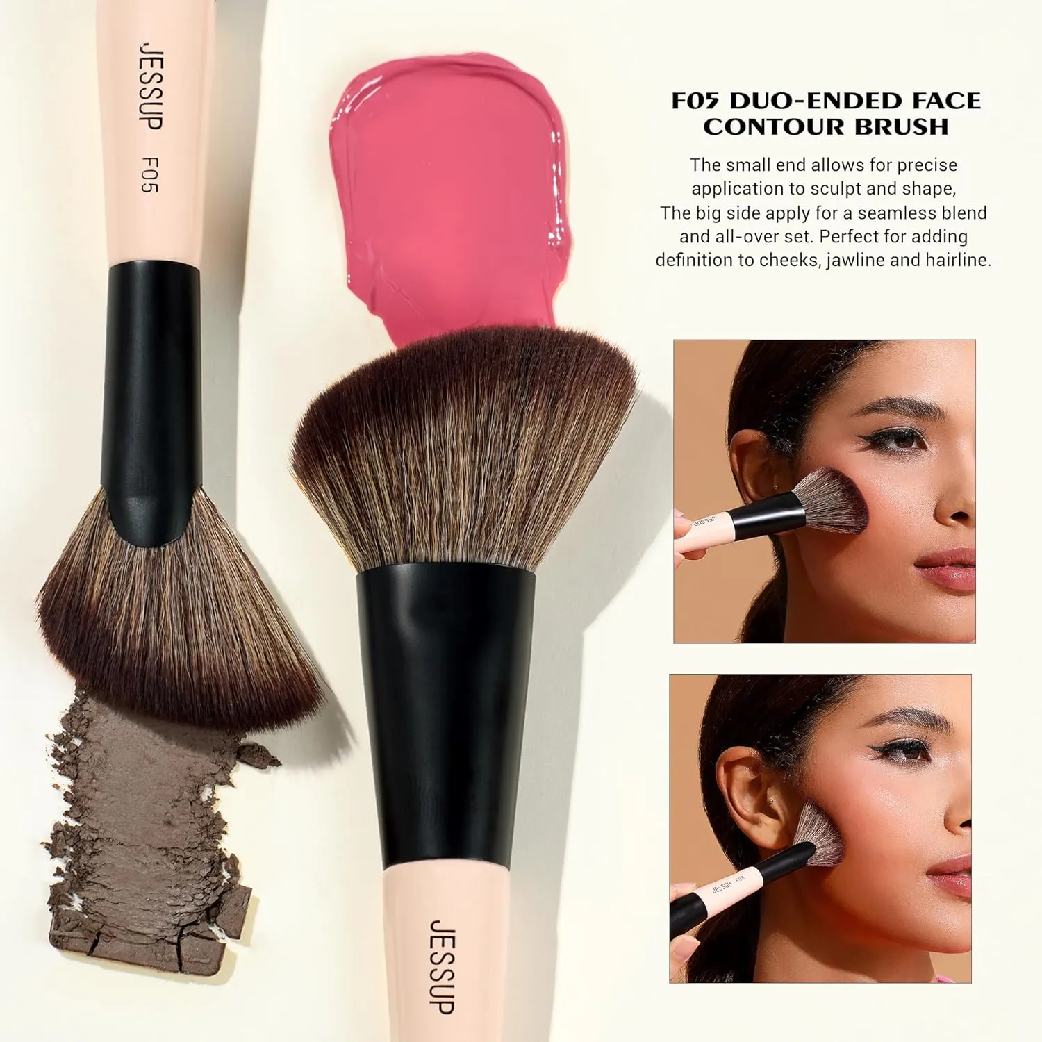 Jessup Travel Makeup Brushes Set 3pcs, Double Sided Contour Brush Dual Ended Eye Shadow Shader Eyeliner Brush, Multi-functional Makeup Set Peach Dust T507