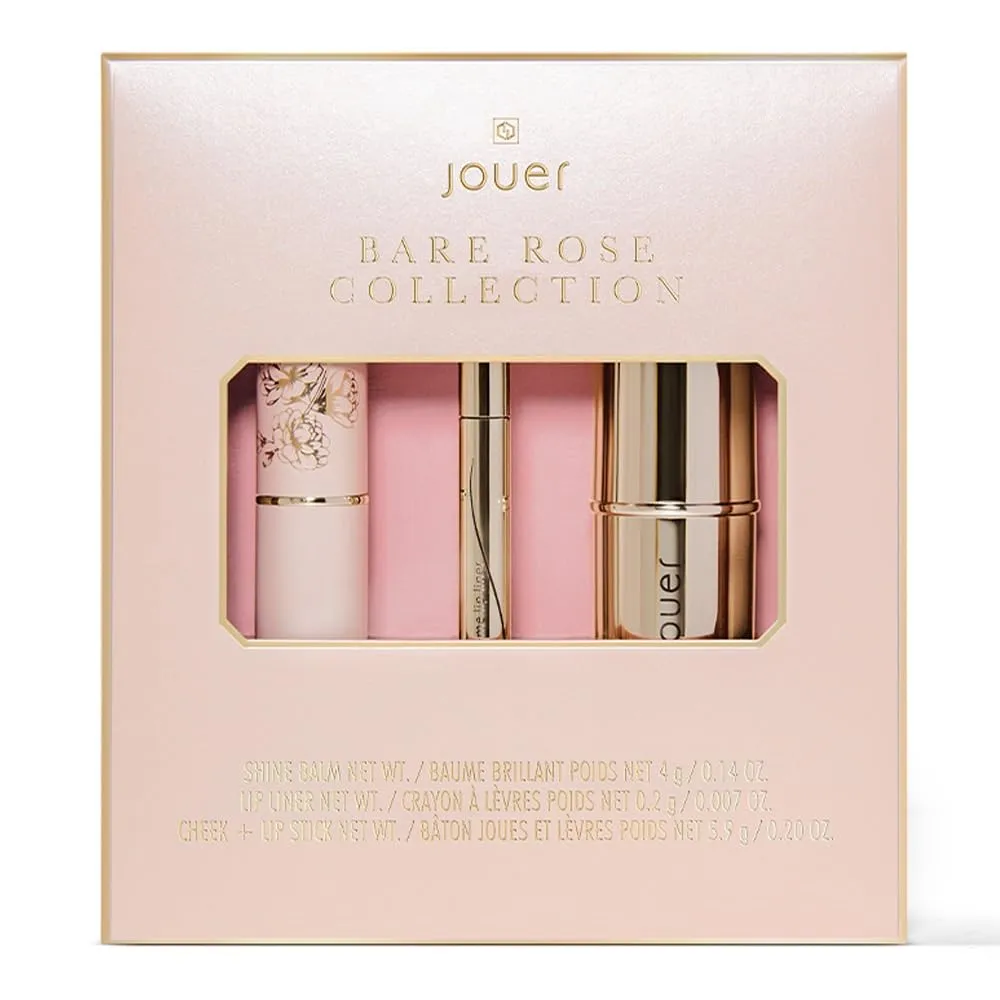 Jouer Bare Rose Collection - Blush Stick, Cream Lip Liner, Lip Plumping Balm Kit - Face Makeup in Rose Shades - Hydrating Formulas for Long Wear