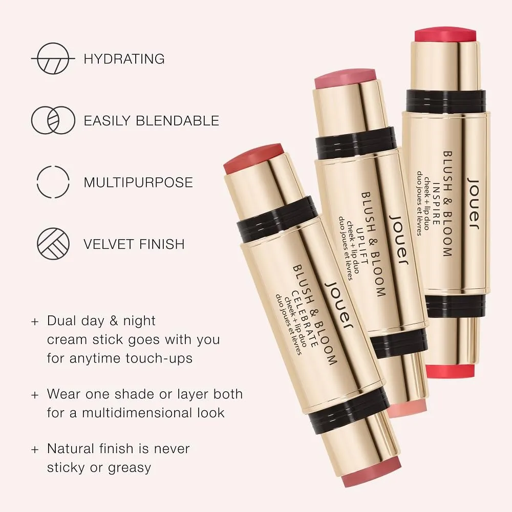 Jouer Blush & Bloom Cheek   Lip Duo - Hydrating Cream Blush Stick for Lip and Cheek Tint - Moisturizing Rose Hip and Squalane Oil Formula, Celebrate
