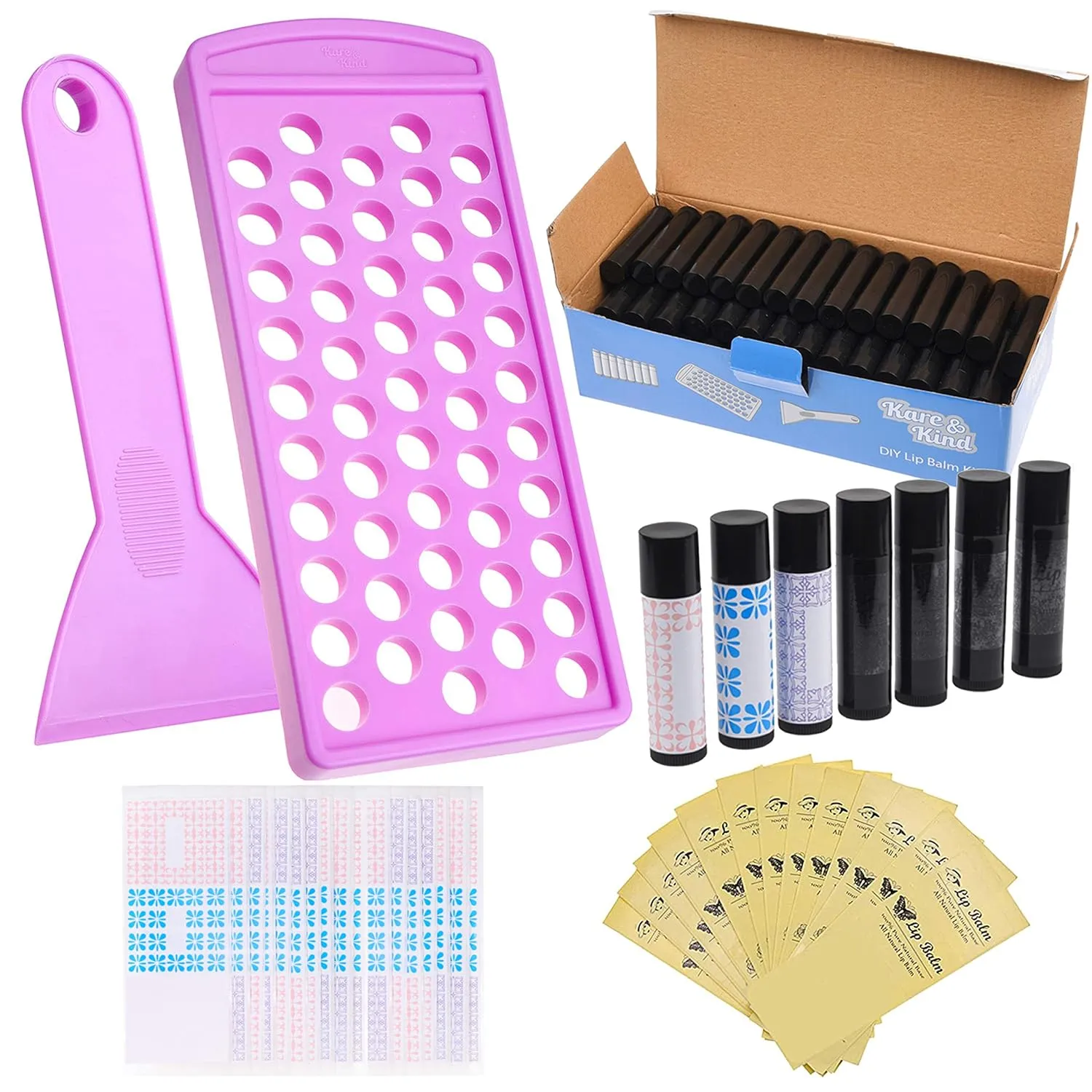 Kare & Kind Lip Balm Filling Tray Kit - 1x Filling Tray, 1x Spatula, 50x Lip Balm Tubes (Black), 50x Writable Sticker (3 colors), 50x Printed Stickers (Transparent) - DIY Homemade Lip Balm - Gift Idea