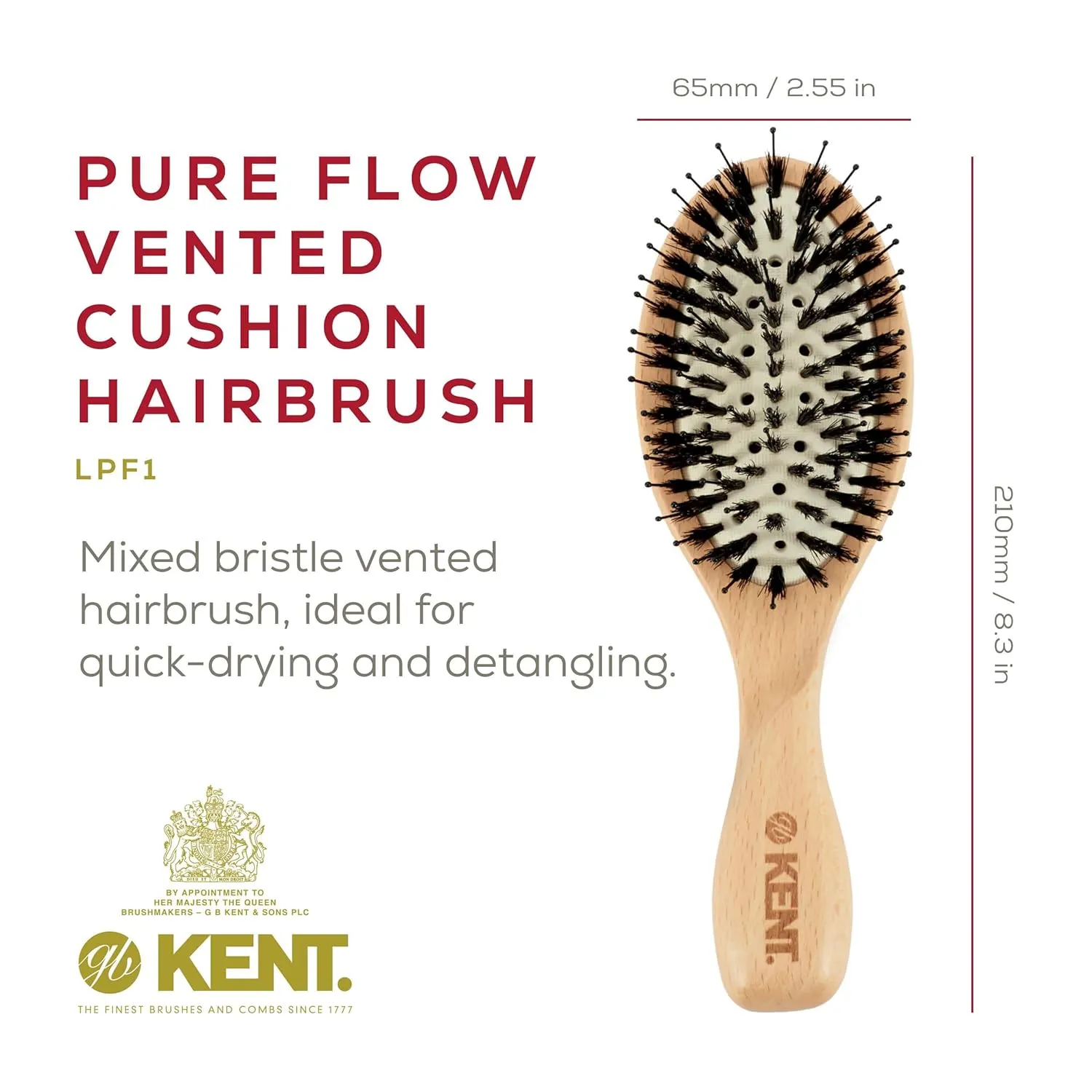 Kent LPF1 Pure Flow Oval Cushion Vented Hair Brush, FSC Certified Beech Wood Paddle Brush filled with Natural Boar Bristle and Nylon Bristle for Blowdry Detangle Volume and Curls. Made in England