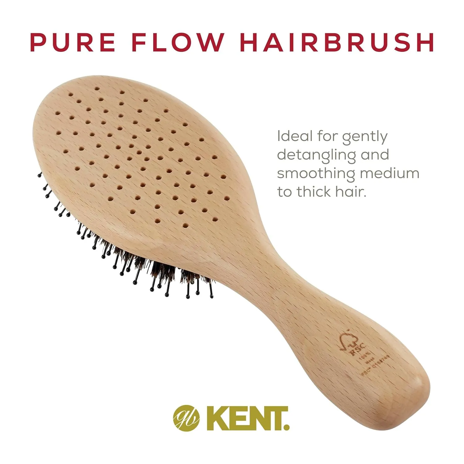 Kent LPF1 Pure Flow Oval Cushion Vented Hair Brush, FSC Certified Beech Wood Paddle Brush filled with Natural Boar Bristle and Nylon Bristle for Blowdry Detangle Volume and Curls. Made in England