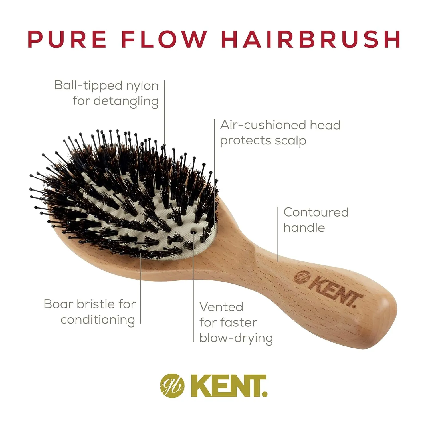 Kent LPF1 Pure Flow Oval Cushion Vented Hair Brush, FSC Certified Beech Wood Paddle Brush filled with Natural Boar Bristle and Nylon Bristle for Blowdry Detangle Volume and Curls. Made in England