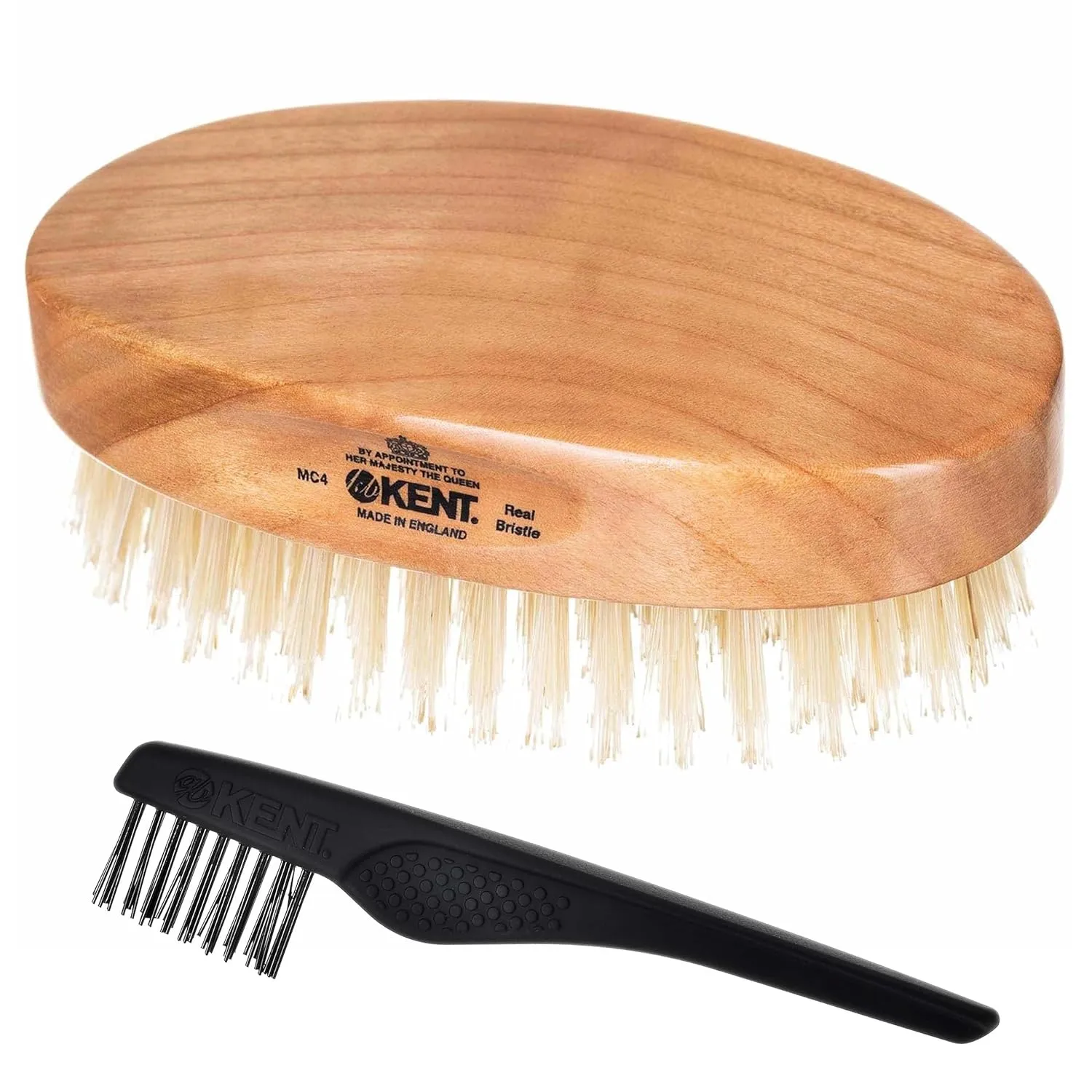 Kent MC4 Men's Hair and Beard Brush Kit: Exfoliating Natural Boar Bristle Hair Brush, Cherrywood Base with Firm Bristles for Coarse Hair Types - LPC3 Brush Cleaner - Premium Grooming Set