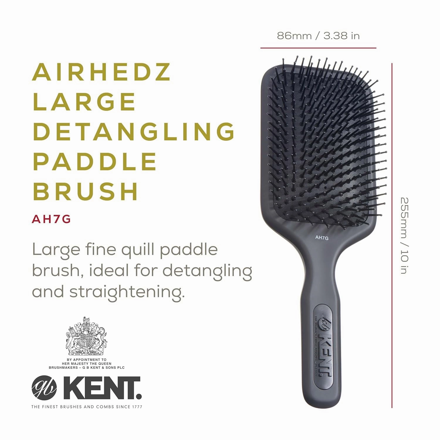 Kent AH7G Airhedz Paddle Detangler Brush (Large, Fine Pins) - For Thick, Curly, and Wet Hair
