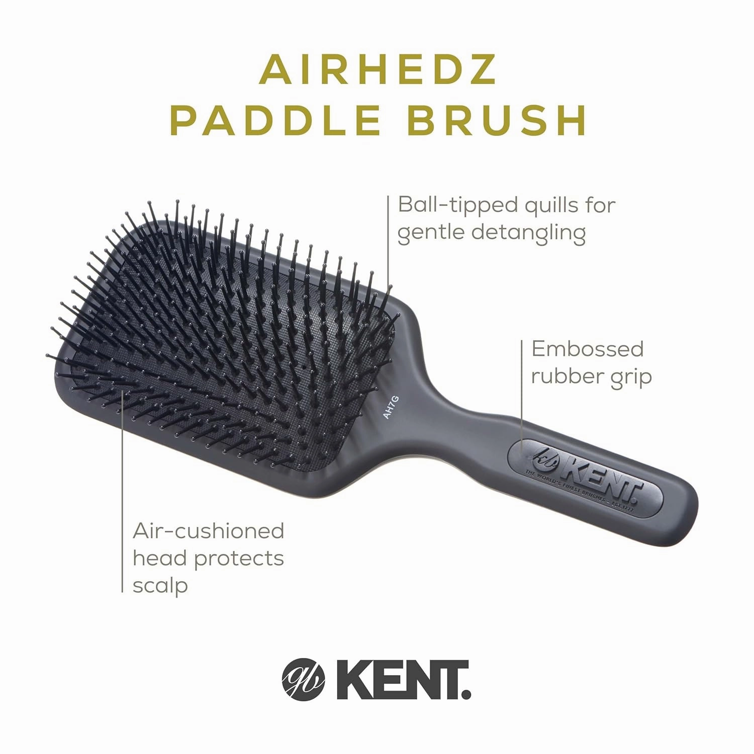 Kent AH7G Airhedz Paddle Detangler Brush (Large, Fine Pins) - For Thick, Curly, and Wet Hair