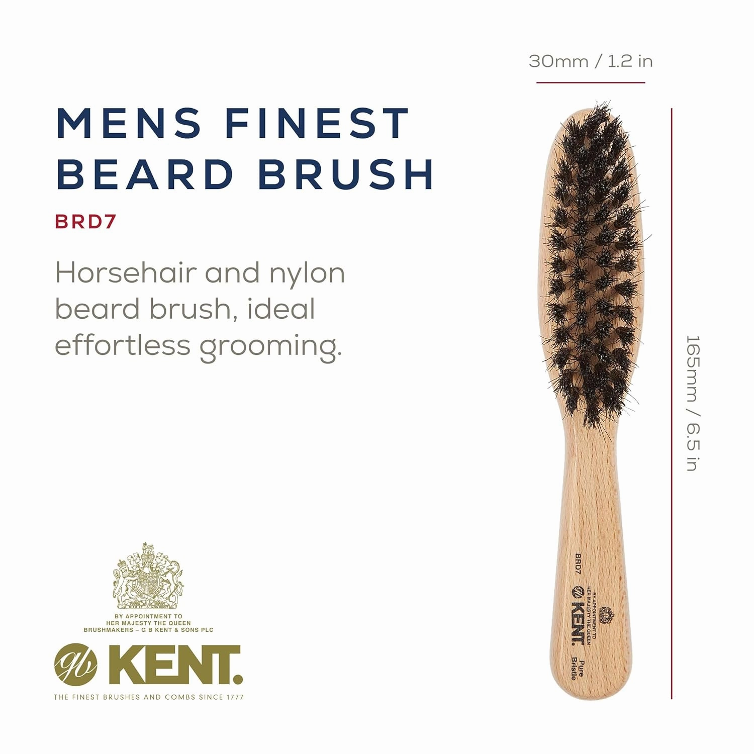 Kent BRD7 Horsehair and Nylon Blend Soft Beard Brush for Men for Flawless Shaping and Grooming, Ergonomic Grip Beechwood Handle, for Mustache and Beards, Distributes Oils and Balms. Made in England