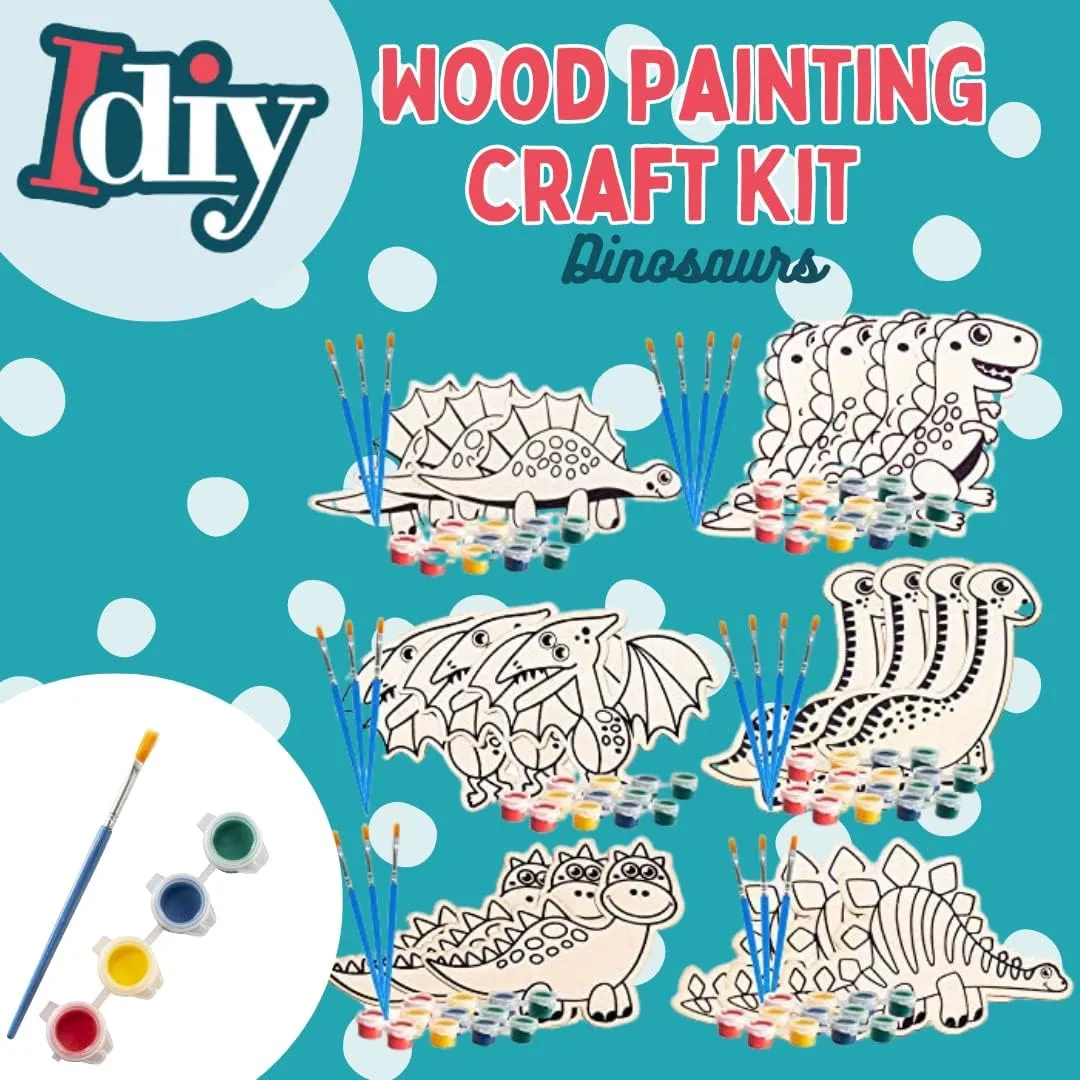Kids Party Dino Wood Painting Craft Kits (20ct)- Dinosaur Designs- Each Kit Has its Own Brush, Paint, & Figure- Fun, Unique Party Activity & Favors, Classroom, School & Summer Camp Projects, Gift