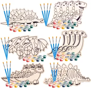 Kids Party Dino Wood Painting Craft Kits (20ct)- Dinosaur Designs- Each Kit Has its Own Brush, Paint, & Figure- Fun, Unique Party Activity & Favors, Classroom, School & Summer Camp Projects, Gift