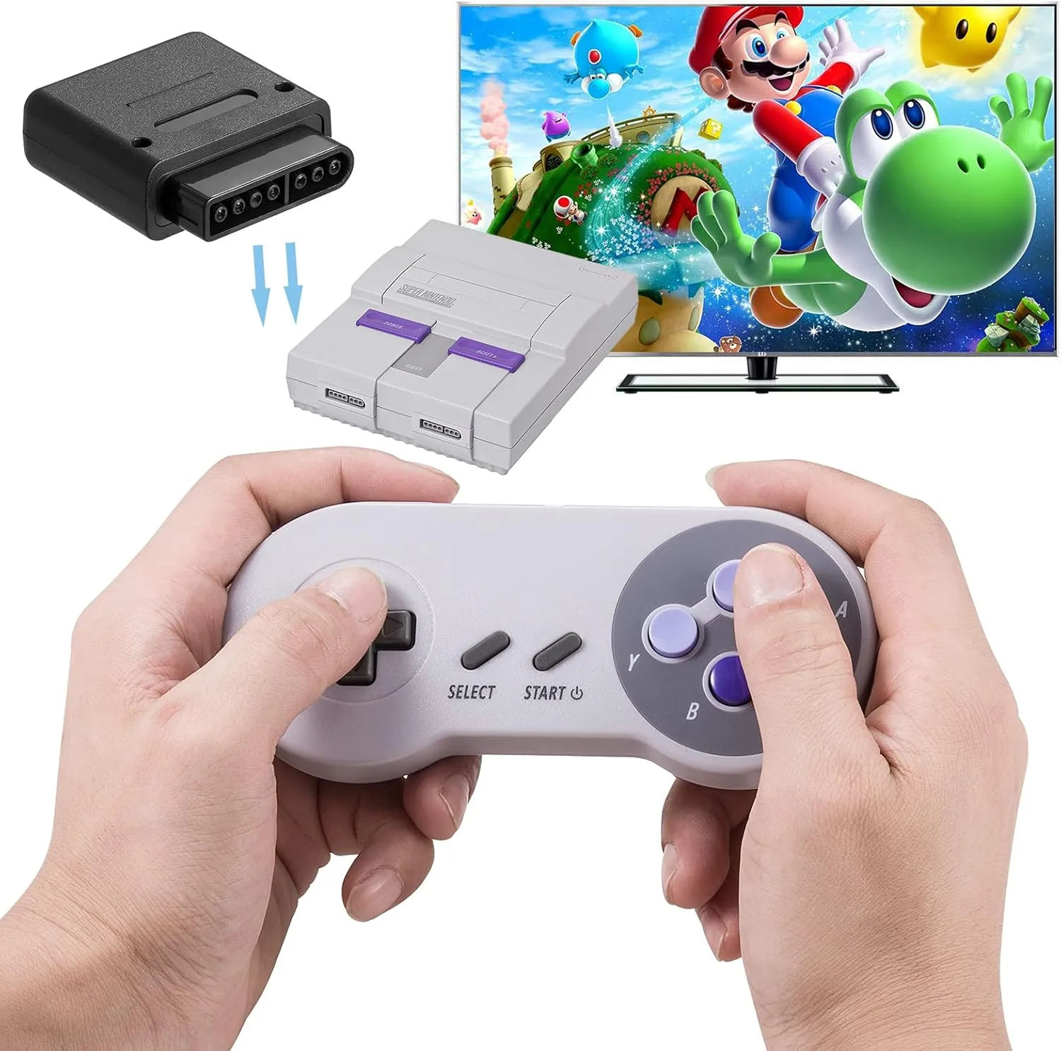 KIWITATA 2 Pack 2.4GHz Wireless Controller for SNES Original Console, Rechargeable Wireless Remote Gamepad Controller for SNES Super Entertainment System Console-7 Pin Connector