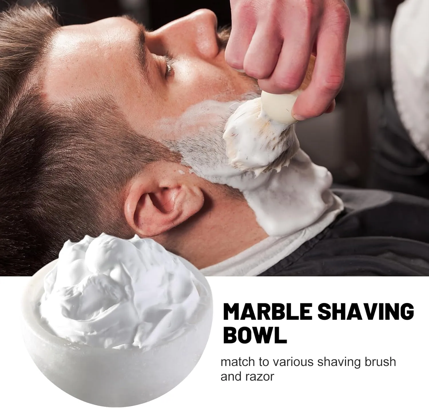 Koville White Marble Shaving Soap Bowl Handmade from Natural Marble, Heat Retaining Stone Provides a Luxurious Hot Shave Experience, Shaving Bowl Gift for Men with 2 Pack Shaving Brush