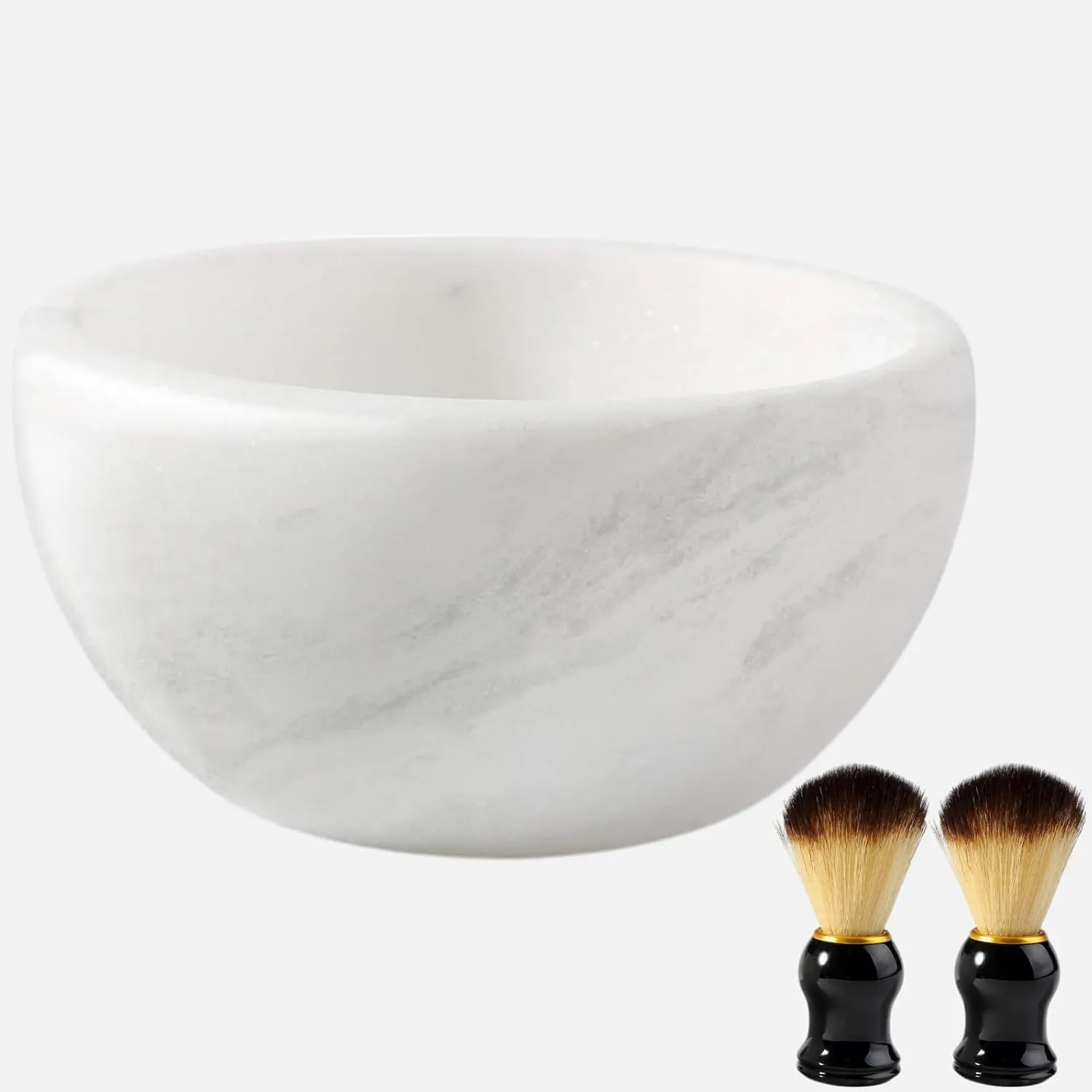 Koville White Marble Shaving Soap Bowl Handmade from Natural Marble, Heat Retaining Stone Provides a Luxurious Hot Shave Experience, Shaving Bowl Gift for Men with 2 Pack Shaving Brush