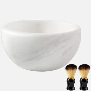 Koville White Marble Shaving Soap Bowl Handmade from Natural Marble, Heat Retaining Stone Provides a Luxurious Hot Shave Experience, Shaving Bowl Gift for Men with 2 Pack Shaving Brush