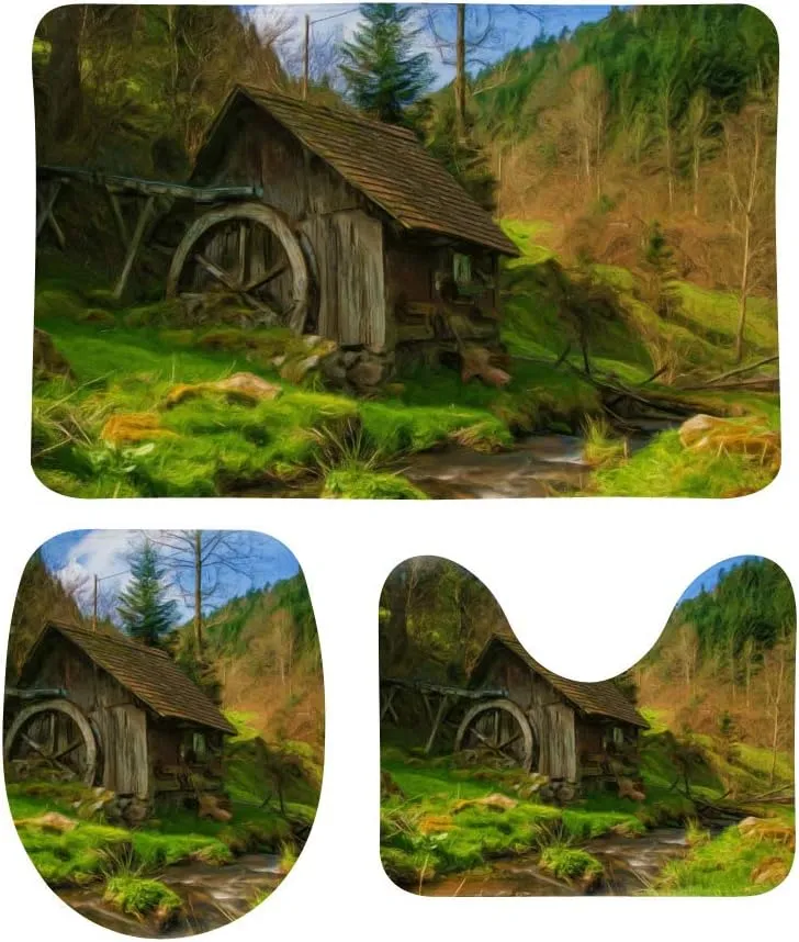 Kuizee Bath Rug Set 3 Piece ﻿Oil Painting Green Mountain Forest Cabin Stream Nature Batroom Perfect Combination Non-Slip Mat U-Shaped Contour Rug O-Shaped Toilet Lid Absorbent Cover Coral Velvet