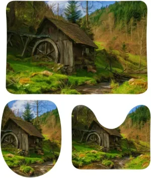 Kuizee Bath Rug Set 3 Piece ﻿Oil Painting Green Mountain Forest Cabin Stream Nature Batroom Perfect Combination Non-Slip Mat U-Shaped Contour Rug O-Shaped Toilet Lid Absorbent Cover Coral Velvet