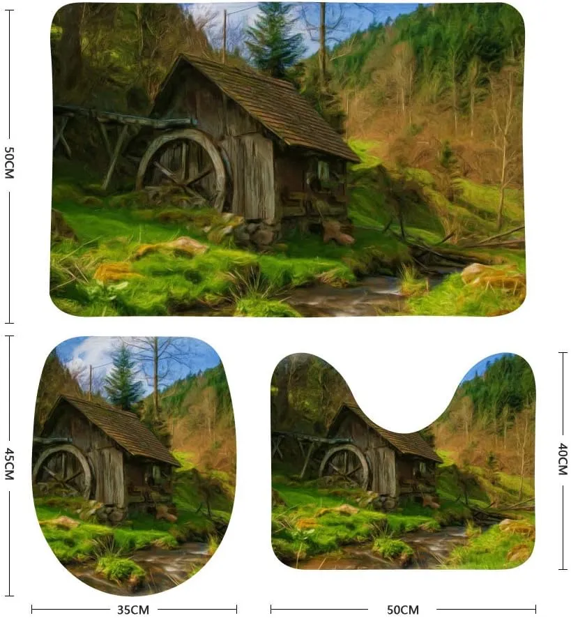Kuizee Bath Rug Set 3 Piece ﻿Oil Painting Green Mountain Forest Cabin Stream Nature Batroom Perfect Combination Non-Slip Mat U-Shaped Contour Rug O-Shaped Toilet Lid Absorbent Cover Coral Velvet