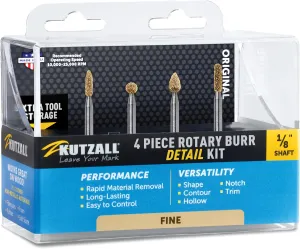 Kutzall 4-Piece Rotary Burr Detail Kit - 1⁄8" Shaft, Fine – Wood Carving Bit for Dremel, Foredom, Ryobi, DeWalt, Milwaukee Tools - Structured Tungsten Carbide, 18FKIT02