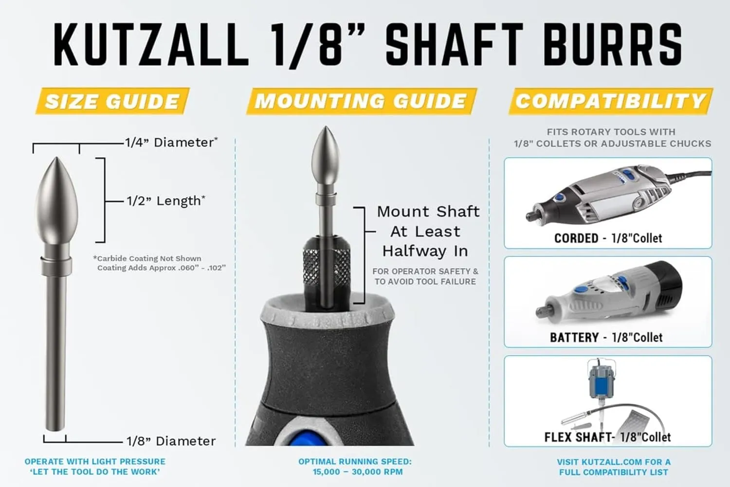 Kutzall 4-Piece Rotary Burr Kit - 1⁄8" Shaft, Coarse - Wood Carving Bits for Dremel, Foredom, Ryobi, DeWalt, Milwaukee Tools - Structured Tungsten Carbide