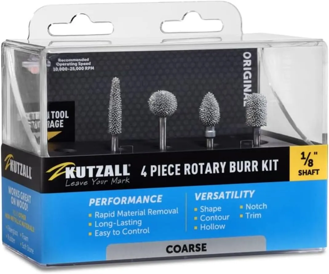 Kutzall 4-Piece Rotary Burr Kit - 1⁄8" Shaft, Coarse - Wood Carving Bits for Dremel, Foredom, Ryobi, DeWalt, Milwaukee Tools - Structured Tungsten Carbide