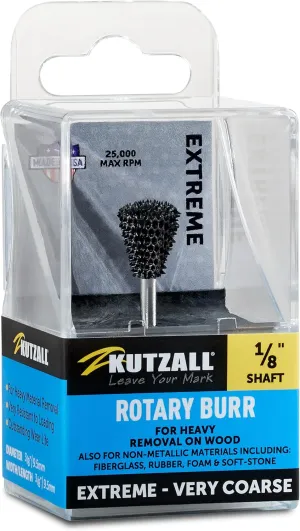 Kutzall Extreme Dove Tail Burr, 1⁄8" Shaft, Very Coarse - Wood Carving Bit for Dremel, Foredom, DeWalt, Milwaukee. Abrasive Tungsten Carbide, 3⁄8" (9.5mm) Dia. X 1⁄2" (12.7mm) Length, DTX-38-EC