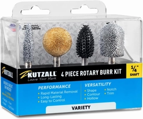 Kutzall 4-Piece Rotary Burr Kit - 1⁄4" Shaft, Variety Grit - Wood Carving Bits for Bosch, DeWalt, Milwaukee Tools - Structured Tungsten Carbide Wood Carving Bits