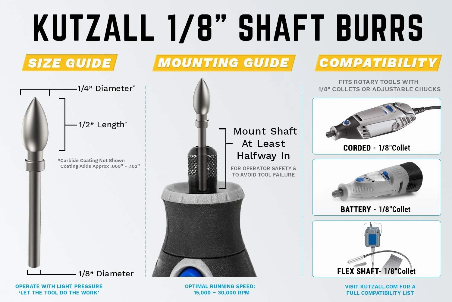 Kutzall 4-Piece Rotary Burr Kit - 1⁄8" Shaft, Fine - Wood Carving Bits for Dremel, Foredom, Ryobi, DeWalt, Milwaukee Tools - Structured Tungsten Carbide